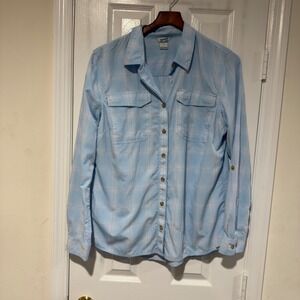 Duluth Trading Co Light Blue Plaid Button Up Shirt Size L